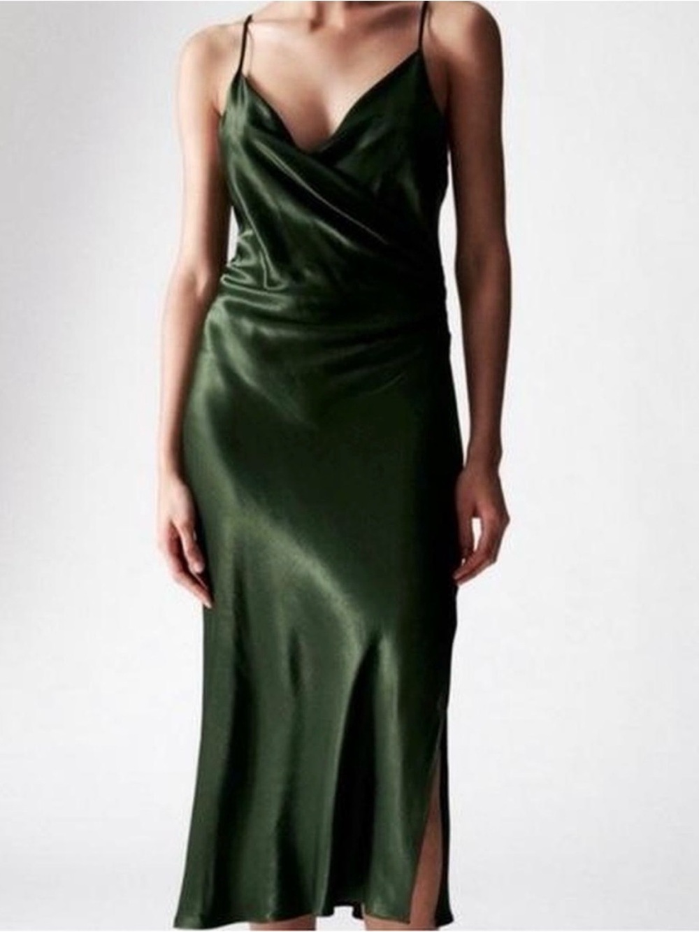 ZARA Green Satin Effect Slip Midi Dress, Size XS